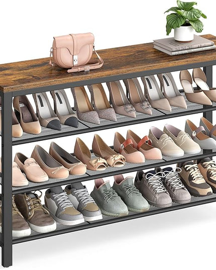 VASAGLE 4 Tier Shoe Rack, Shoe Organizer for Closet, Entryway, 16-20 Pairs of Shoes, Large Shoe Rack Organizer with 3 Metal Mesh Shelves, 11.8 x 39.4 x 28.3 Inches, Rustic Brown and Black ULBS14BX