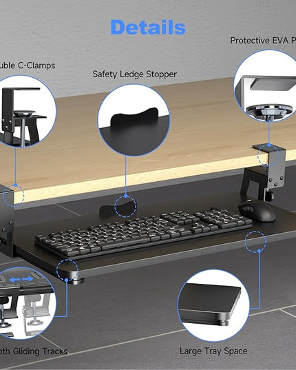 Keyboard Tray Under Desk Large C-Clamp 25.6” (30” Including Clamps) x 11.8” Slide-Out Platform Computer Drawer Pull Out Keyboard & Mouse Tray Black DSF4