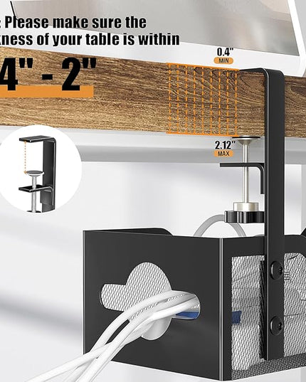 Under Desk Cable Management Tray 15.95", Quszmd Cable Organizer No Drill, Standing Cord Organizer and Wire Management Tray - No Damage to Desk, Black