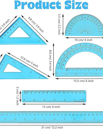 Tenare 1 Set Plastic Clear Math Set Includes Protractor Triangle Rulers 12 Inch 6 Inch Straight Geometry Math Transparent Ruler Measuring Tool for School Office Home Supplies(Blue)
