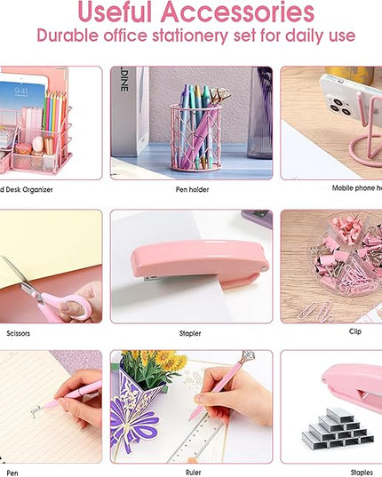 Pink Desk Organizers and Accessories Office Supplies Set Stapler, Pen Holder, Phone Holder, Scissors, Pen, Ruler, 30 Paper Clips, 22 Binder Clip, 20 Tacks and 1000pcs Staples