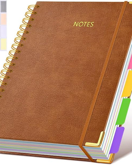Hardcover Spiral Notebook 8.5"x11" Journal with Removable Dividers Tabs, 300 Pages Leather 5 Subject Notebook College Ruled, Large A4 Notebooks for Work School, Journal for Women, A4 Light Brown