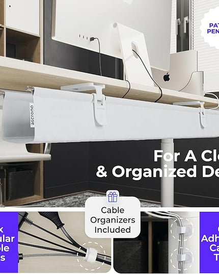 Ascrono Original No Drill Under Desk Cable Management Tray 14.1" - Premium White Fabric Cable Management Under Desk - Clamp/Screw Mount Cord Organizer - Supports Upto 66lbs