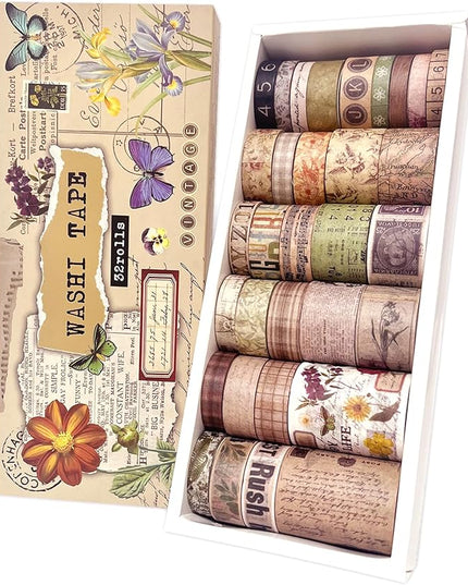 Bomichi 32 Rolls Vintage Washi Tape, Aesthetic Colored Decorative Cute Scrapbook Tape for Scrapbooking Supplies Journaling Craft Junk Journal