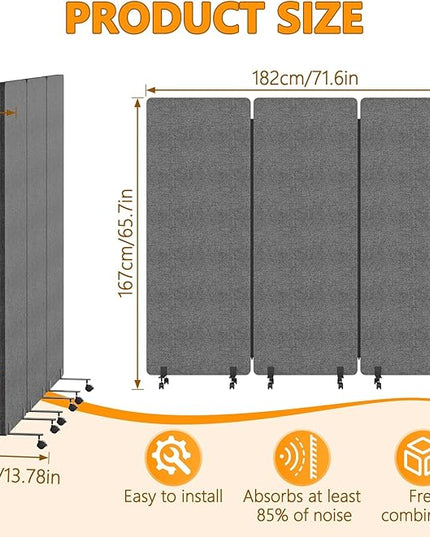 Soundproof Room Divider Panel with Wheels, 66in Portable Office Partition Screen, 3 Panel Temporary Wall Divider for Sound Proof Separation, Cubicle Privacy Panels for Desk (Dark Gray)