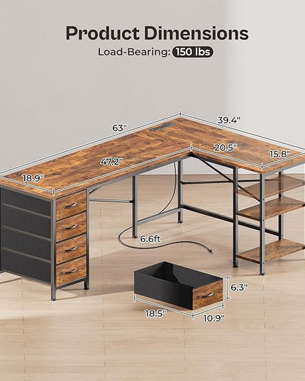 Huuger 63 Inch L Shaped Desk with Fabric Drawers, Computer Office Desk with Power Outlets and USB-C Port, Corner Desk with Storage Shelves, for Gaming Work Study Home Office, Reversible, Rustic Brown