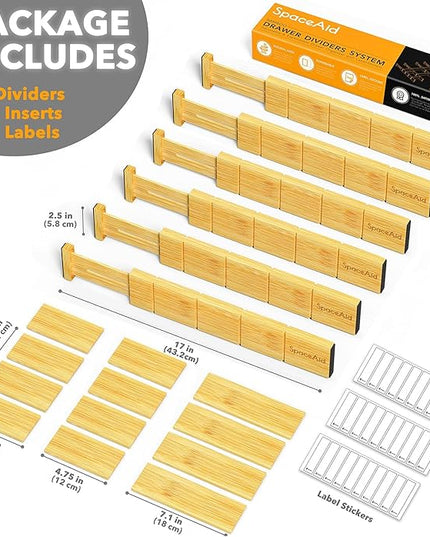 SpaceAid Bamboo Drawer Dividers with Inserts and Labels, Kitchen Adjustable Drawer Organizers, Expandable Organization for Home, Office, Dressers and Bathroom, 6 Dividers with 12 Inserts (13.25-17 in)