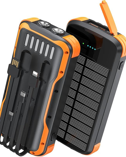 Solar Charger Power Bank, PD 20W Fast Charging External Batter, 40000mAh Portable Phone Charger Built in 4 Cables with Dual Bright Flashlights for Camping, Hiking, and Outdoor Use