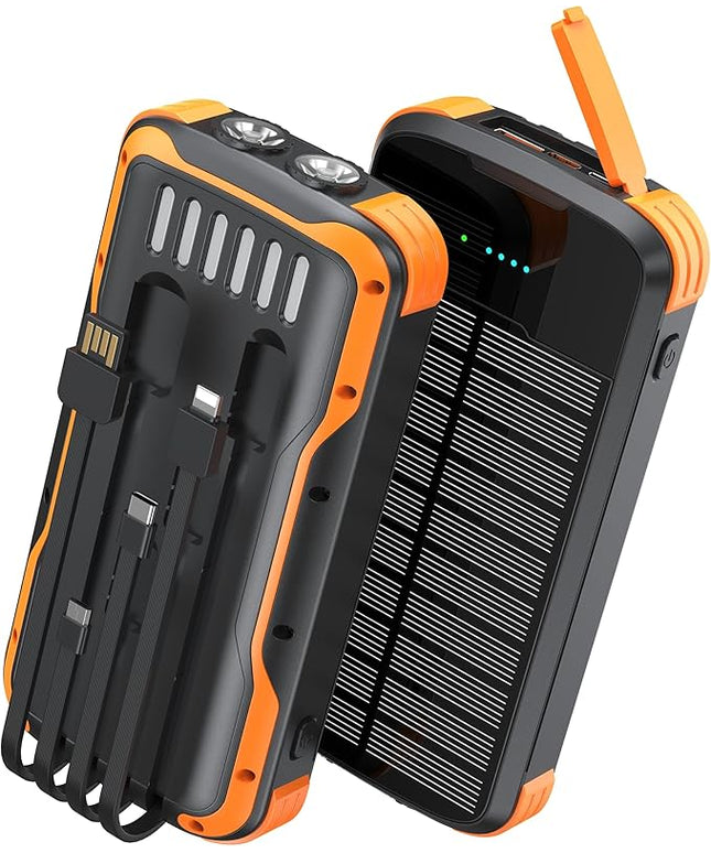 Solar Charger Power Bank, PD 20W Fast Charging External Batter, 40000mAh Portable Phone Charger Built in 4 Cables with Dual Bright Flashlights for Camping, Hiking, and Outdoor Use