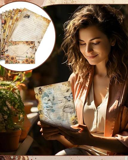 TaoBary 160 Pcs Stationery Paper Set 50 Double Sided Stationery Papers with 50 Matching Envelopes and 60 Round Dot Sticker, 10 Design (Vintage Bee Floral Butterfly,8.25 x 5.5 Inch)