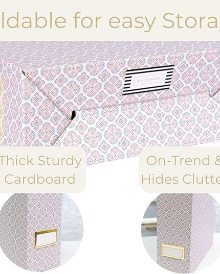 BLU MONACO | Foldable Magazine File Holder Set of 4 | Moroccan Tile Cardboard Organizers | Vertical Desk and Shelf Storage for Home Office Dorm | Decorative File Boxes