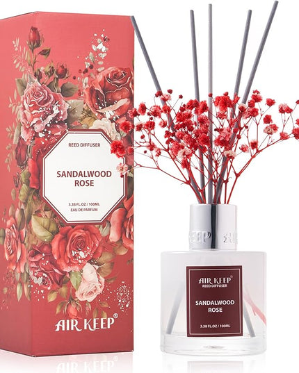 Airkeep Reed Diffuser Set,3.38 fl oz (100 ml) - Sandalwood Rose Oil Diffusers with 8 Reed Sticks,Home Fragrance Reed Diffuser for Bathroom Shelf Decor