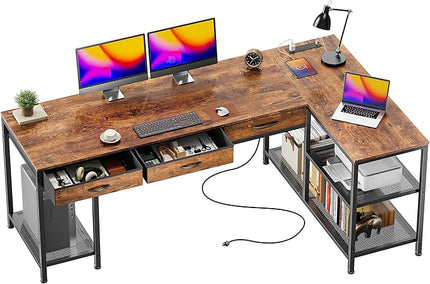 PRAISUN 63 Inch L Shaped Office Desk with Power Outlets and Type-C Port, Large Computer Gaming Desk with 3 Fabric Drawers, Mesh Shelves, Corner Study Work Writing Desk, Rustic Brown