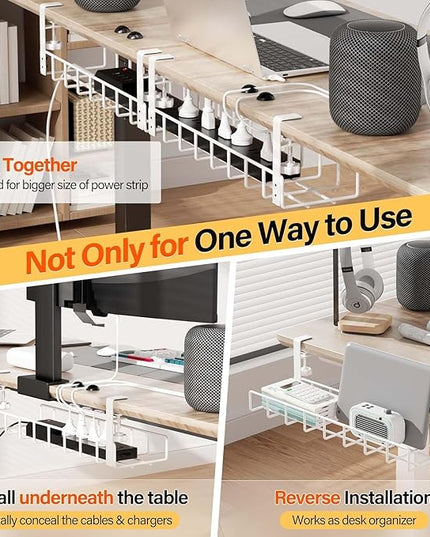 3 Pack Cable Management Under Desk Tray, 47.1" No Drill Under Desk Wire Management with Upgraded Clamp, Metal Cord Organizers with Cable Organizers, PC Cord Organization Rack, White