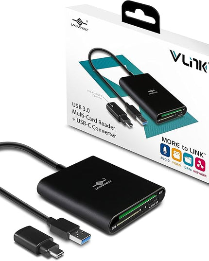 Vantec VLink USB 3.0 Super Speed Multi-Card Reader for Micro SD/SD/SDHC/SDXC/CF Cards Plus Latest USB-C Converter, Black (UGT-CR970-BK)