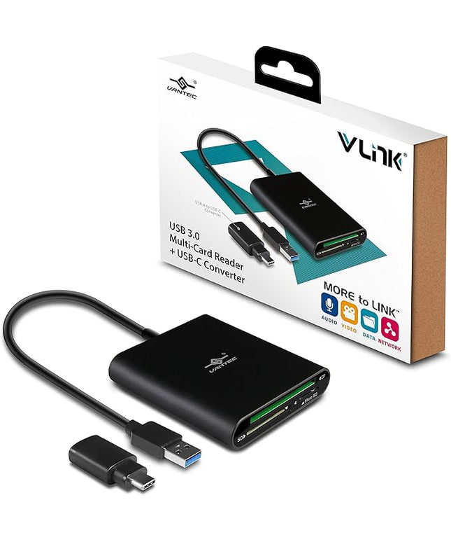 Vantec VLink USB 3.0 Super Speed Multi-Card Reader for Micro SD/SD/SDHC/SDXC/CF Cards Plus Latest USB-C Converter, Black (UGT-CR970-BK)