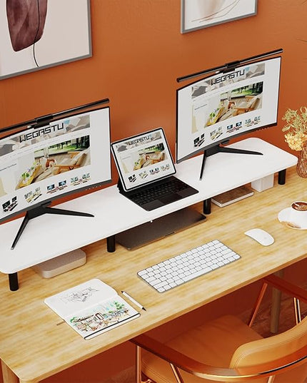 Dual Monitor Stand Riser 43.7 inch Large Extra Long Monitor Stand Riser Wide TV Stand Riser Monitor Stand for 2 Monitors Wood & Steel Leg Desktop Riser Desk Organization Home Office (White)
