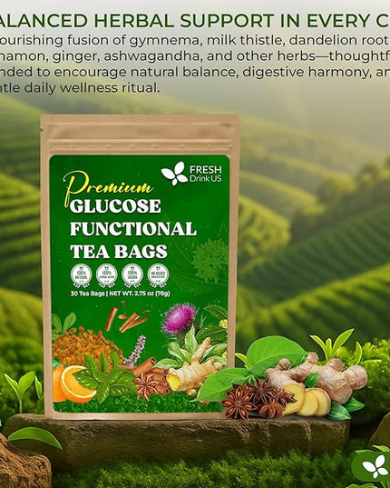 FreshDrinkUS, Premium 30 Tea Bags Glucose Functional Tea – Herbal Blend with Gymnema, Cinnamon, Bitter Melon, Tulsi & More –– Caffeine-Free. Sugar-Free. Gluten-Free. Vegan