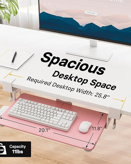 BONTEC KMT01-PJ Under Desk Keyboard Tray, Pull-Out Keyboard & Mouse Platform with C-Clamp, 20 x 11.8 in Space-Saving Ergonomic Slide-Out Drawer, Pink