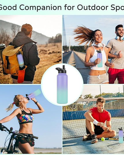 DOMICARE 40 oz Insulated Water Bottle, Vacuum Insulated Stainless Steel Sports Water Bottle with Straw Lid & Spout Lid, Leakproof, Reusable - Travel, Camping, Bike, Purple Green Gradient