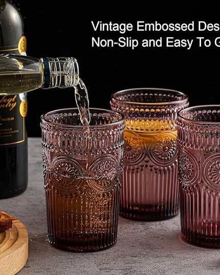 Vintage Glassware Drinking Glasses Set of 6,13 oz Purple Textured Flower Design Glass Water Tumblers，Embossed Striped Drinkware for Water,Cocktails,Juice,Iced Coffee