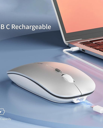Q5 Slim Rechargeable Wireless Mouse, 2.4G Portable Optical Silent Ultra Thin Wireless Computer Mouse with USB Receiver and Type C Adapter, Compatible with PC, Laptop, Notebook, Desktop (Silver)