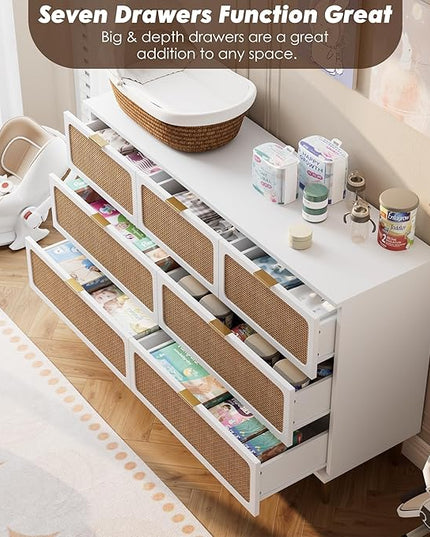 Garvee Rattan Dresser with 7 Drawers, Tall Modern Closet with Deep Storage, Large Chest of Drawers with Wide Top, Long Wooden Dresser for Bedroom, Living Room, Hallway, Kids Room, White