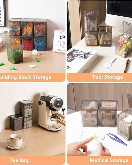 10 Pack Black Storage Bins with Lids - Stackable Plastic Organizer Boxes for Crafts, Art Supplies, Jewelry, Beads, Office Tools, Pantry Storage - 3.5x3.5x4.5 Inch, Black Square Medium