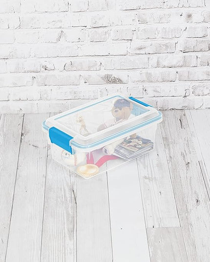 Sterilite 7.5 Qt Gasket Box, Stackable Storage Bin with Latching Lid and Tight Seal, Plastic Container to Organize Basement, Clear Base, Lid, 6-Pack