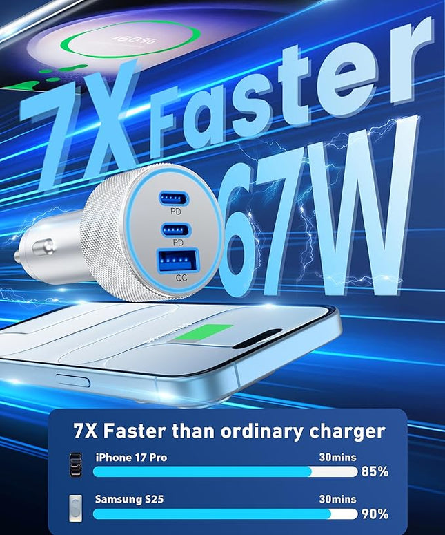 67W 3-Port Super Fast Type C Car Charger USB C for iPhone 17/Air/16/16e/15 Pro Max, Samsung Galaxy S25 S24 S23, Pixel, Android, Car Adapter Accessories for Men Women + 3FT USB-C Cable Silver