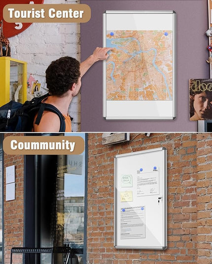 Mifuro 36"x24" Enclosed Bulletin Board, Lockable Weather-Resistant Aluminum Noticeboard for School & Office, Silver Frame w/Magentic Whiteboard