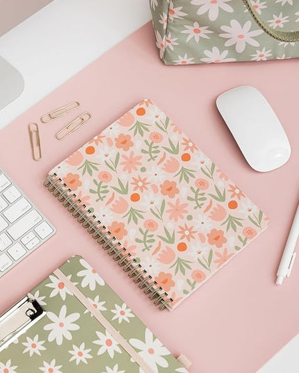 Steel Mill & Co Cute Mini Spiral Notebook, 8.25" x 6.25" Journal with Durable Hardcover and 160 Lined Pages, Star Floral, Blush