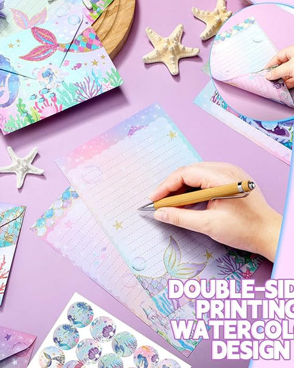 TaoBary 160 Pcs Stationery Paper Set 50 Double Sided Stationery Papers with 50 Matching Envelopes and 60 Round Dot Sticker, 10 Design(Mermaid,5.5 x 8.25 Inch)