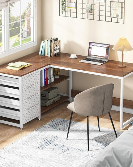 Tribesigns L Shaped Computer Desk with Storage Drawers, 59 inch Corner Desk with Shelves, Reversible L-Shaped Office Desk Study Writing Table Workstation for Home Office, Walnut & White