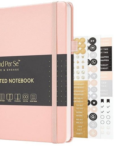 &And Per Se Dotted Journal Notebook, A5 Hardcover Leather Bullet Dotted Journal, 160 Pages 100 gsm Thick Paper，3 Sheets of Stickers Included - 5.7'' x 8''（Pink）