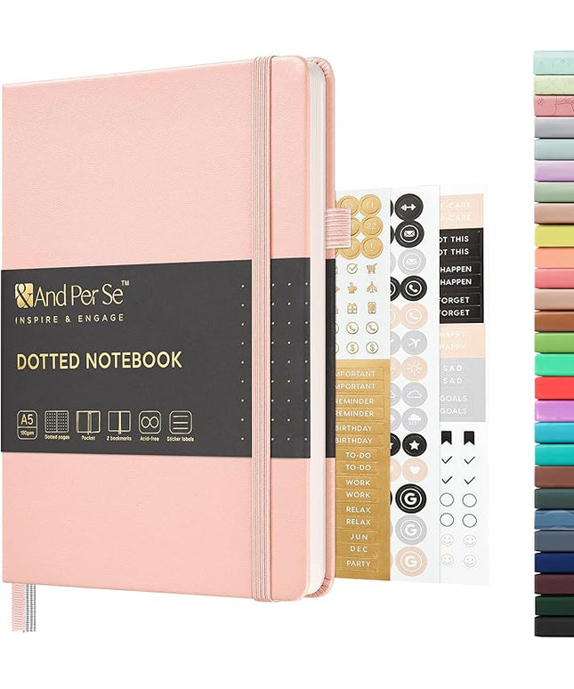 &And Per Se Dotted Journal Notebook, A5 Hardcover Leather Bullet Dotted Journal, 160 Pages 100 gsm Thick Paper，3 Sheets of Stickers Included - 5.7'' x 8''（Pink）