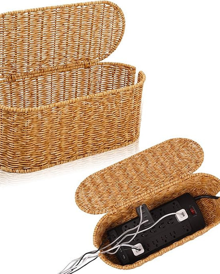 Cable Management Box, Handmade Rattan Cable Organizer, 2 Open Slots Cords Hider Box, Under Desk Cord Organizer for Computer Router USB Hub & Power Strip, Patent Pending, 15.9" x 6.5" x 6.5", Natural