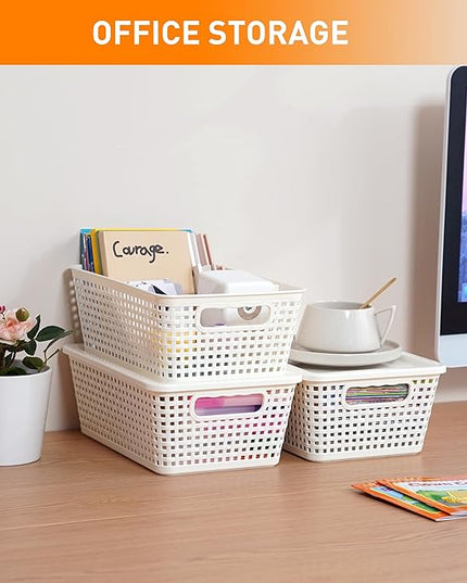 Plastic Storage Baskets With Lid, Storage Bins for Organizing, Stackable Decorative Containers for Shelves Drawers Desktop Closet Playroom Classroom Office, 6 Pack- White