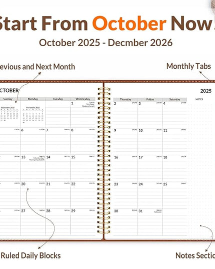 SUNEE 2026 Planner, Weekly and Monthly Calendar Planner 9"x11.2"- 12 Month (January 2026 - December 2026), Vegan Leather Cover, Pocket, Bookmark, Notes, Monthly Tab, Brown