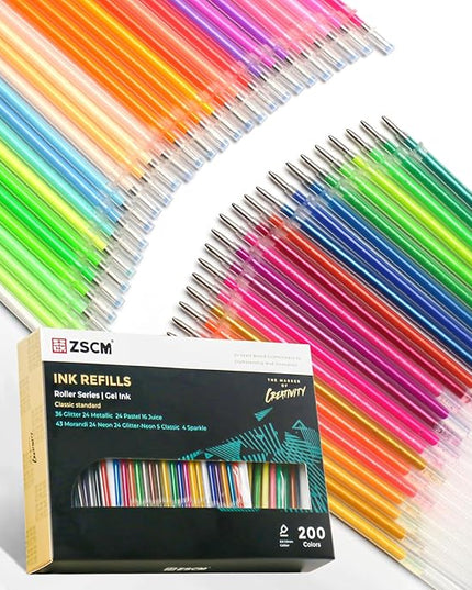200 Colors Gel Pen Ink Refills, Glitter Neon Gel Ink Pens Refills Replace Cartridges for Adult Coloring Books Journaling Women Gifts, No Repeats