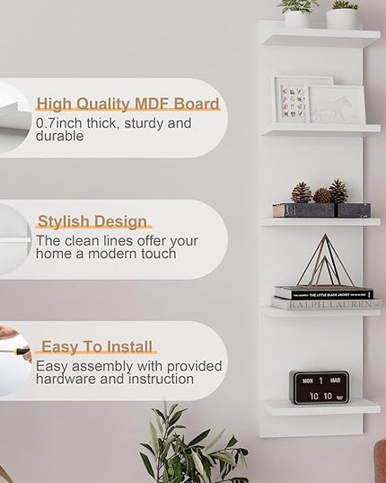 Fun Memories 5-Tier Wall Shelf Unit, 48" Tall Floating Storage Organizer for Bedroom, Living Room, and Home Decor, White Vertical Shelving Unit