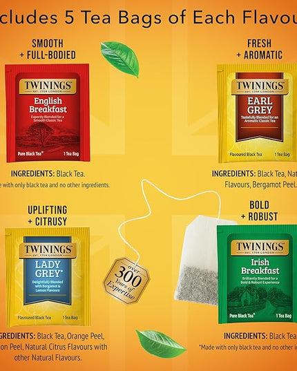 Twinings Variety Pack Black Tea Bags, 20 Count (Pack of 1), Includes English Breakfast, Earl Grey, Irish Breakfast, and Lady Grey, Caffeinated, Enjoy Hot or Iced, 20 Teabags