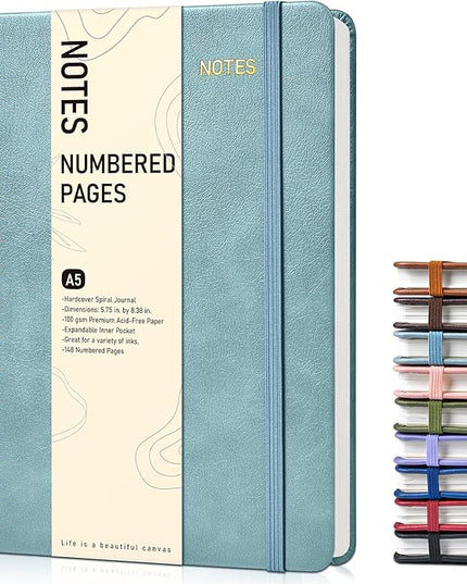 Lined Spiral Journal Notebook, A5 Hardcover Spiral Journals for Women Men, 150 Numbered Pages Spiral Bound Notebook, 100 GSM College Ruled Notebooks for Writing Note Taking 5.75" x 8.38", Misty Blue