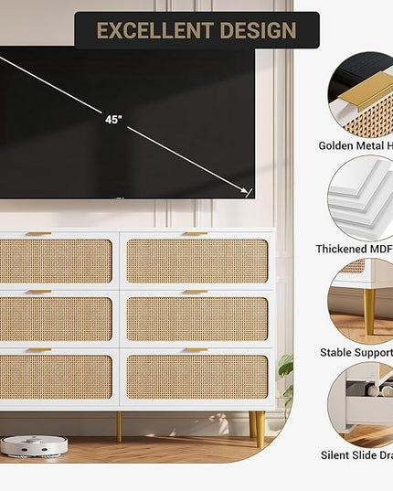 Garvee Rattan Dresser with 6 Drawers, Tall Modern Closet with Deep Storage, Large Chest of Drawers with Wide Top, Long Wooden Dresser for Bedroom, Living Room, Hallway, Kids Room, White