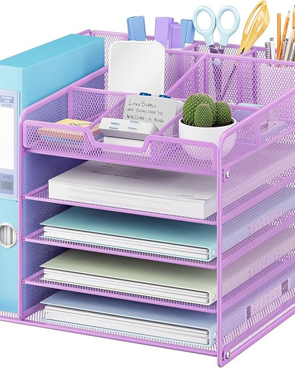 Lavatino 5-Tier Metal Mesh Desk Organizer with File Holder & 7 Customizable Compartments | Paper Letter Tray for Office or Home Desk Storage | Keep Workspace Supplies Neat & Organized, Purple