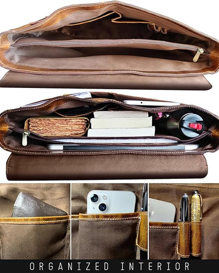 RUSTIC TOWN 16" Leather Laptop Messenger Bag for Men - Full Grain Leather Briefcase Computer Satchel Office Crossbody Bag