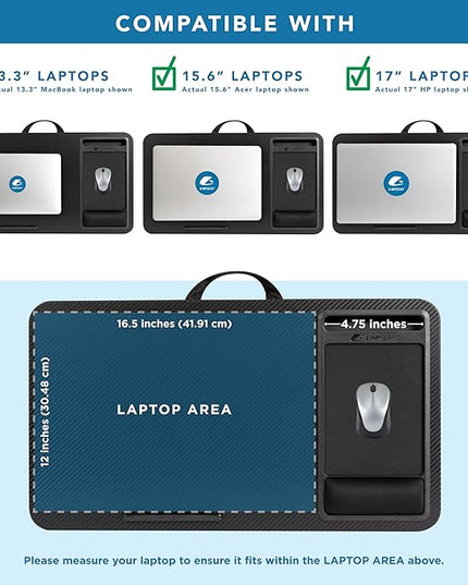 LAPGEAR Extra Large Adjustable Lap Desk – Fits Laptops up to 17.3”, Adjustable Cushion, Memory Foam Wrist Rest, Mouse Pad, Device Ledge, & Phone Slot – Black Carbon - Style No. 88108