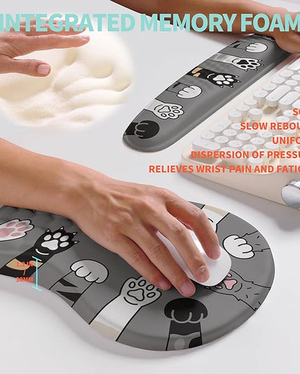 2-in-1 Ergonomic Set, Wave Rise Keyboard Wrist Rest and Massage Bulge Slope Mouse Pad Wrist Support, Cushion Memory Foam Integrated to Relieve Wrist Pain, Cute Cat Paws