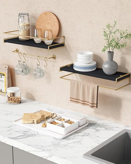 Forbena Black and Gold Bathroom Floating Shelves for Wall, Decorative Wall Mounted Shelves for Kitchen Coffee Bar Station Organizers and Storage, Hanging Shelving Unit for Bedroom Living Room (2-Pack)