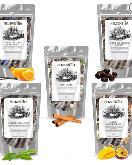 Nelson's Tea Favorites Sampler Pack - Loose Leaf Tea Sampler - A Portrait of Earl Grey, Chai Latte, Dark Chocolate Cherry, English Breakfast, Mango Passionfruit (2 Oz Sizes)